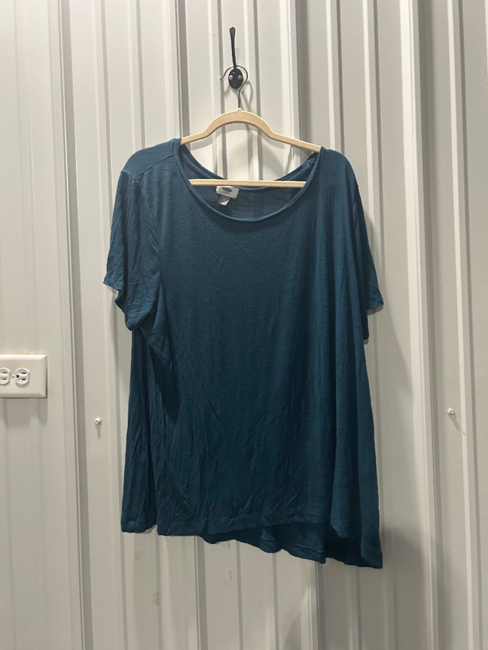 Blue shirt.